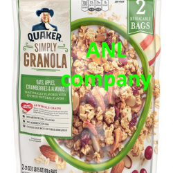 yến mạch granola, loại táo sấy khô, nam việt quất, hạnh nhân. của hãng Quaker Oats, được nhập khẩu bởi ANL